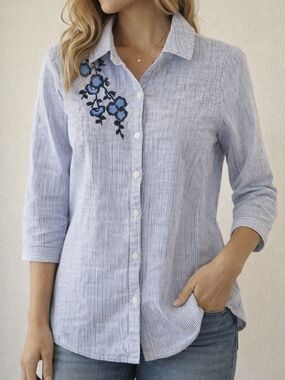 Cleo Blue White Fine Stripe Cotton Embroidered Floral Shirt Cottagecore Top S